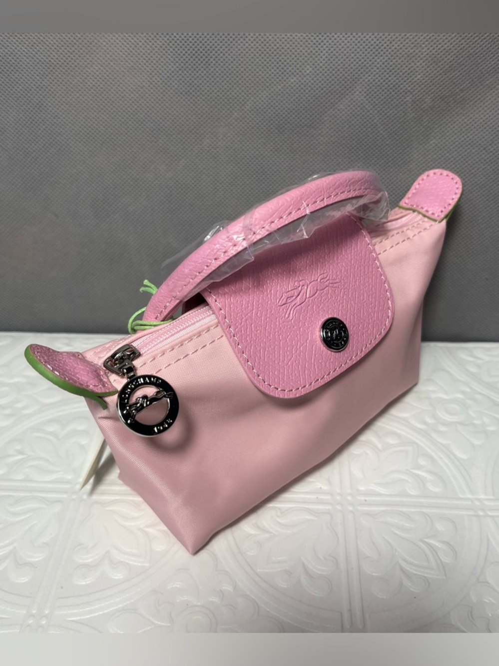 NWT Longchamp LE PLIAGE ORIGINAL POUCH WITH HANDLE Pink Tea Pink Leather Canvas - Picture 3 of 11